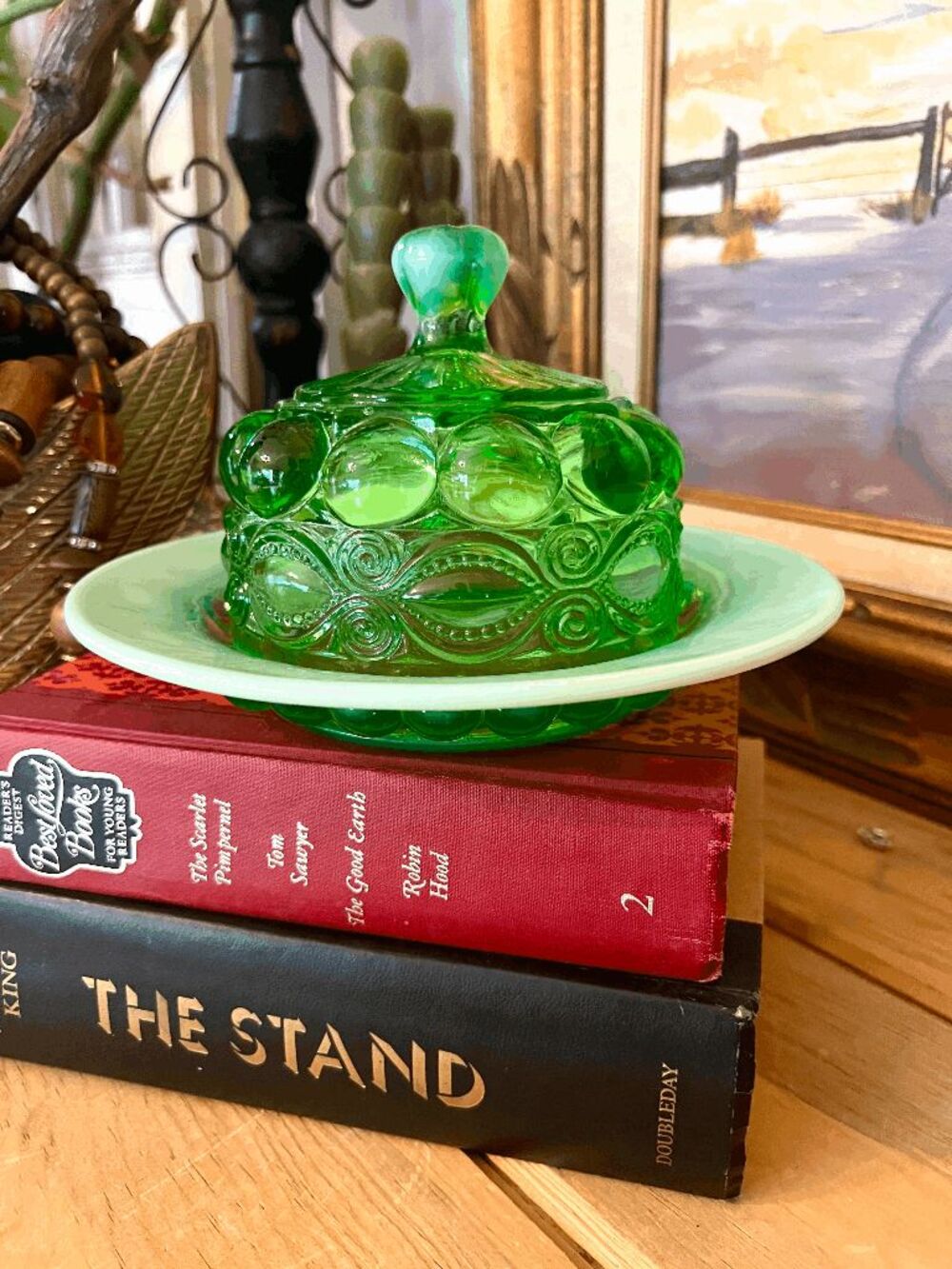 Mosser Eye Winker Green Opal Glass Covered Butter Dish Vintage Style